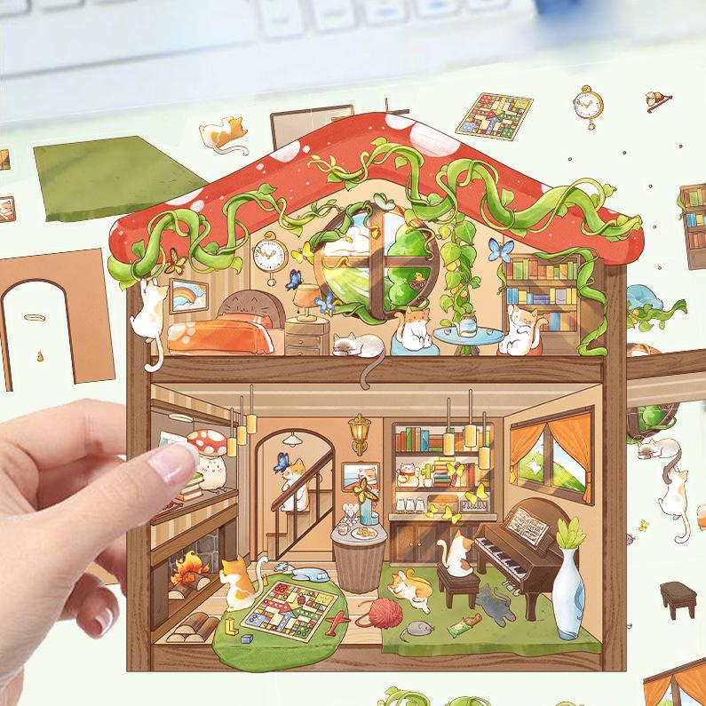 Cartoon Landscape Stickers Multiple Miniature World 3D Hut Unzip DIY Scene Manual Post