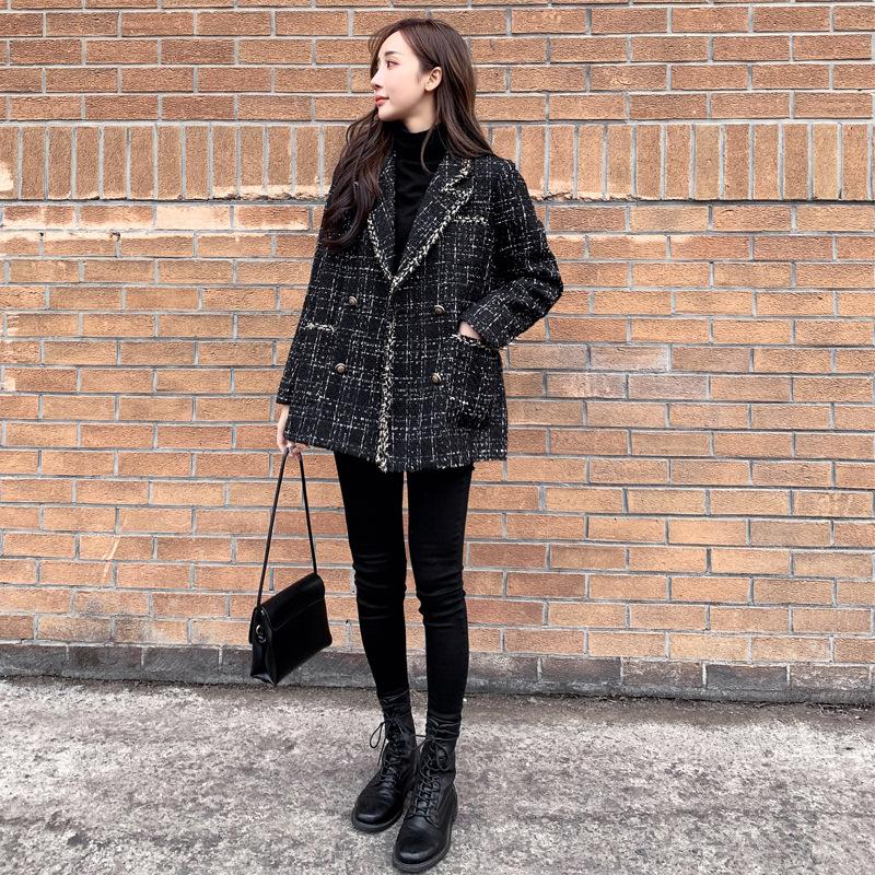 Осень и зима новый женский свободный клетчатый шерстяной пиджак маленький ароматный твидовый костюм знаменитости сращивание маленький