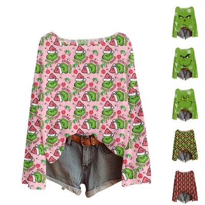 Женский легкий свитер с круглым вырезом, повседневный вязаный пуловер с длинным рукавом и рождественским принтом.