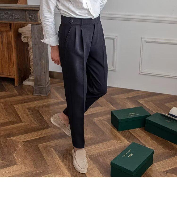 Men's High-Waist Autumn Business Suit Pants, Straight with Paris Buckle, Drape-Free, Easy-Iron, Casual All-Match Style.