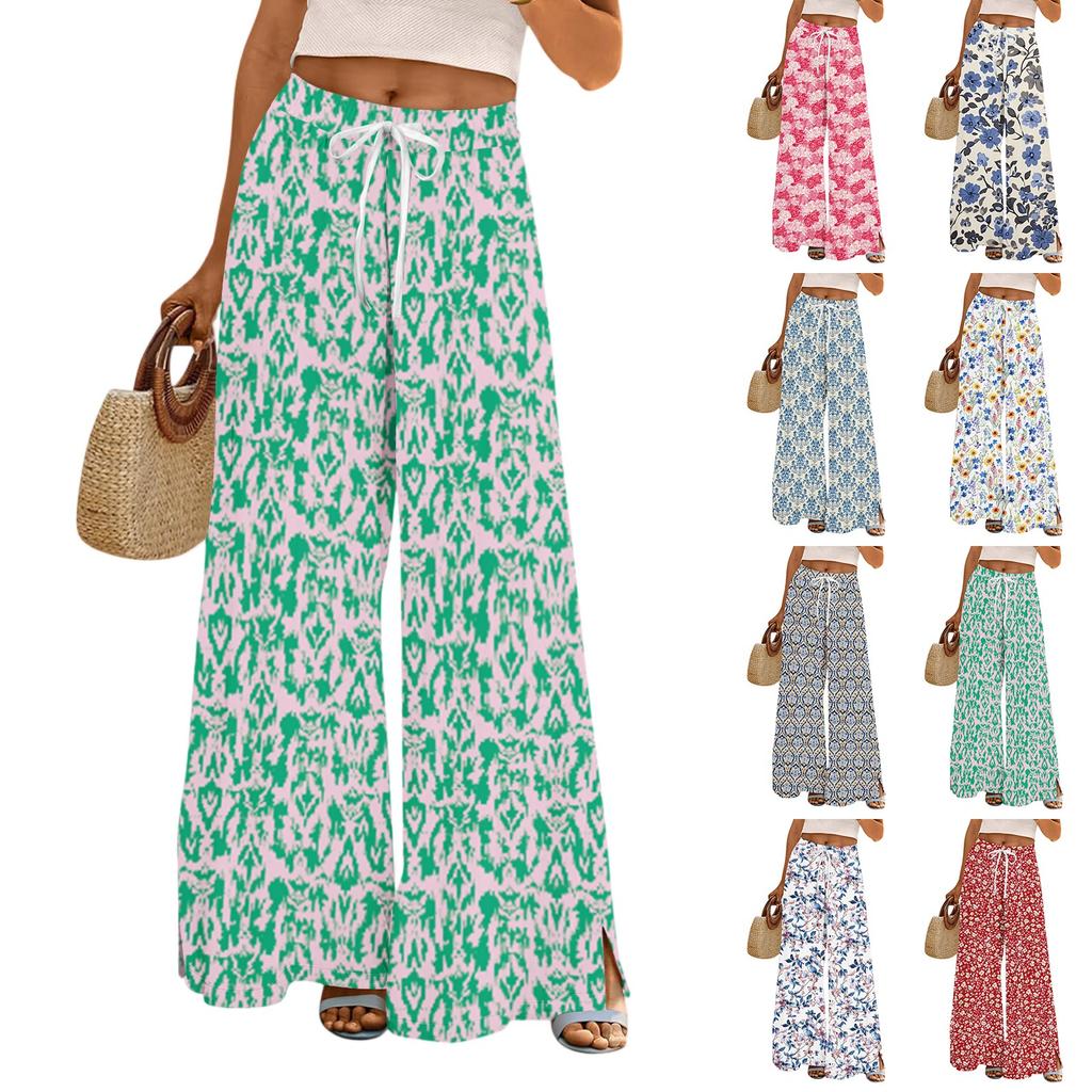 Women's Printed Wide Leg Pants With Pockets High Waist Drawstring Loose Casual Pants