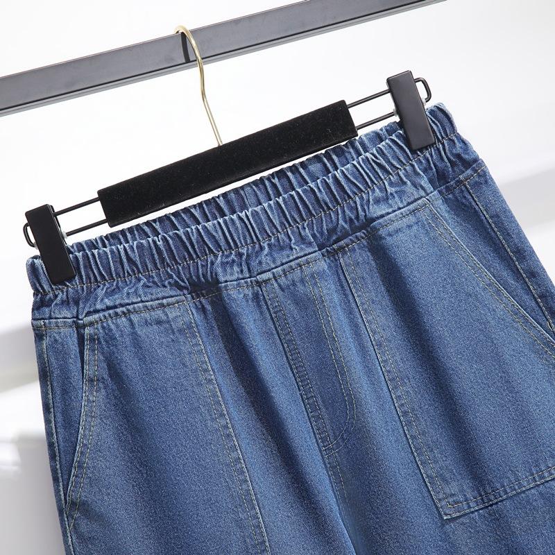 Женские джинсы больших размеров, брюки с высокой талией, свободные джинсовые женские брюки с эластичной резинкой на талии, весенние базовые брюки с карманами