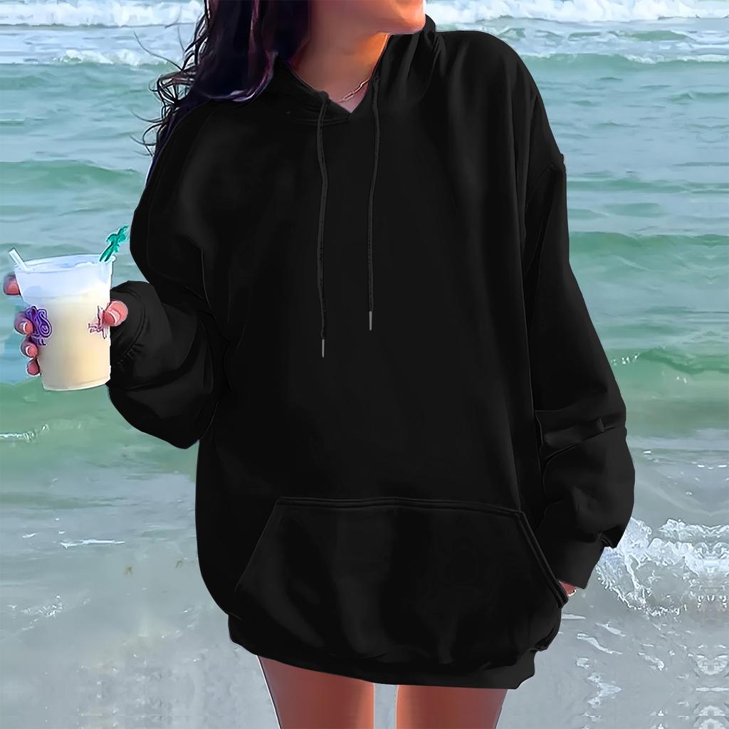 Женская модная повседневная толстовка с длинными рукавами и круглым вырезом с капюшоном, однотонная толстовка с прошитой нитью