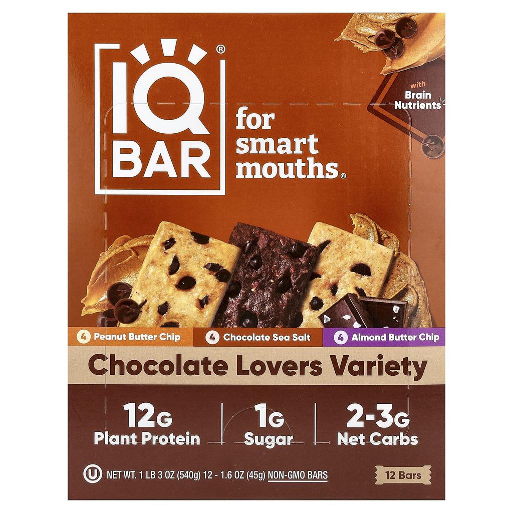 IQBAR Plant Protein Bars, Chocolate Lover Variety, 12 Bars, 45g (1.6oz) Each