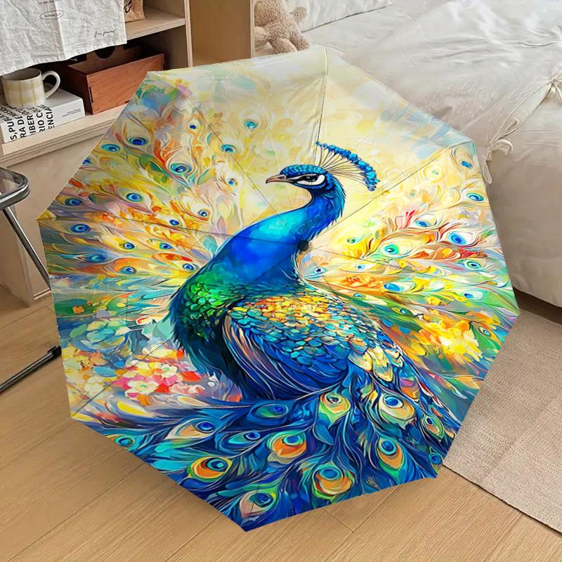 Colorful Peacock Feather Print Automatic Opening/Closing Umbrella with Foldable Design, Outdoor for Fans, Travelers, Daily Use, Gift Idea112