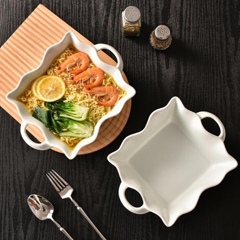 Миска с двумя ушами Wave, простая скандинавская бытовая посуда, креативная керамическая миска для лапши большой емкости, однотонная большая суповая миска