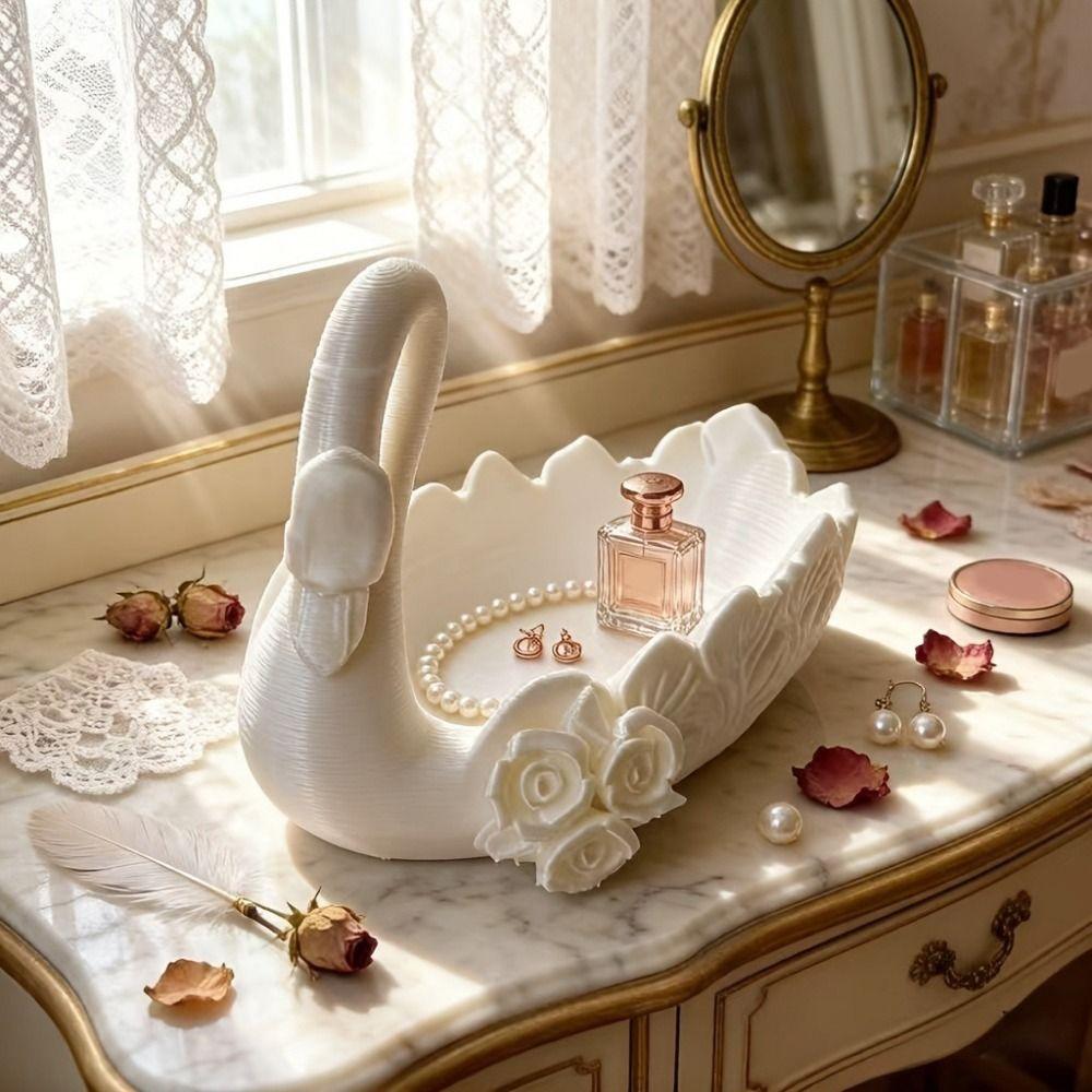 3D Printed Swan Trinket Holder Plastic Key Ring Holder Floral Swan Storage Tray for Living Room