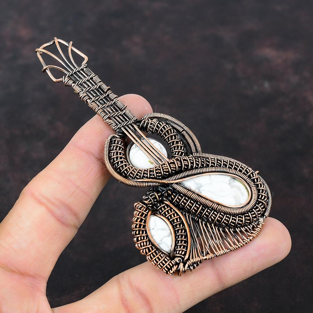 Подвеска из гаулита, подвеска, обернутая медной проволокой, украшения из гаулита, красивая подвеска в виде гитары, подвеска из драгоценного камня ручной работы, медные украшения, подарок для женщин