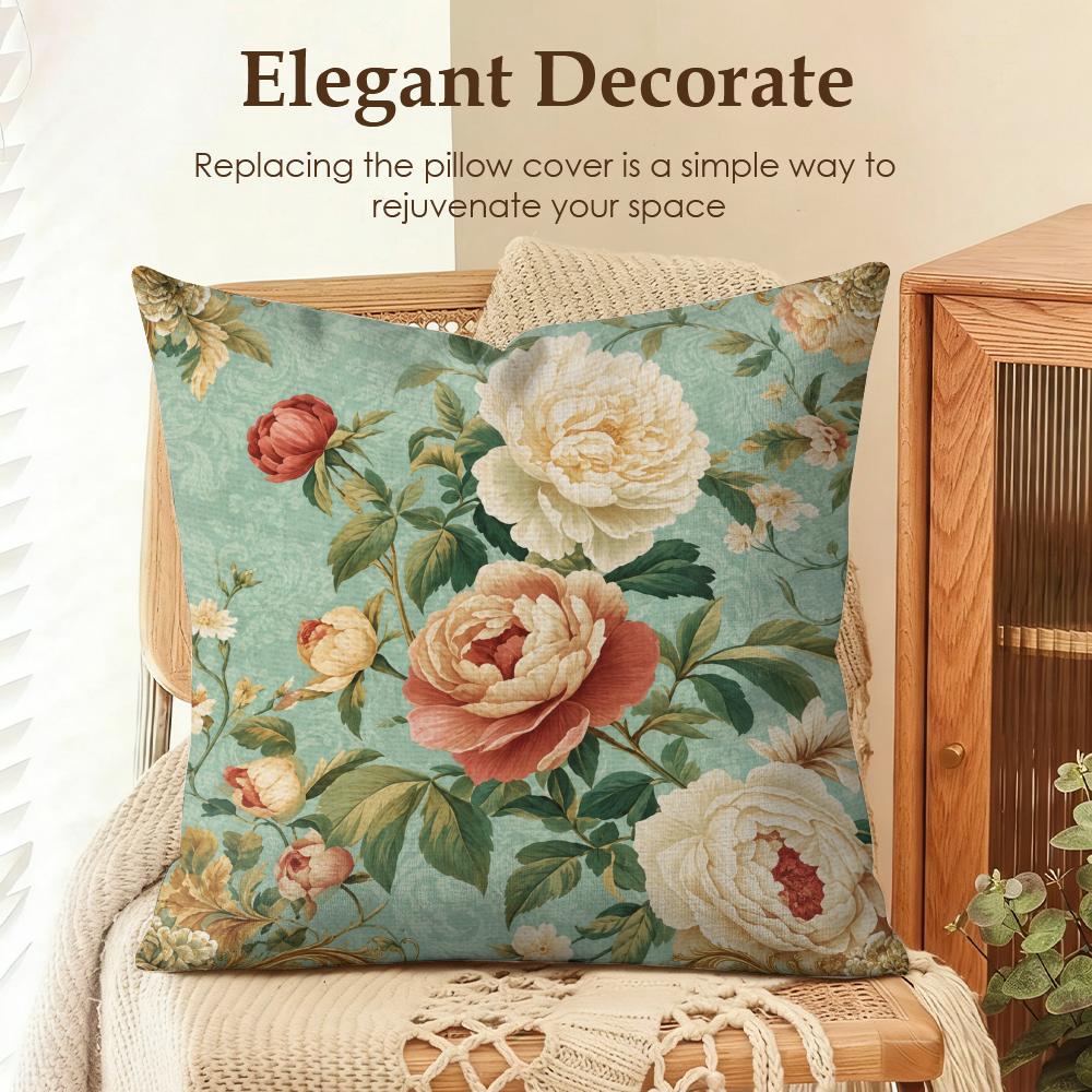 Vintage Teal Gold Rose Cushion Cover Natural Linen Organic Fabric DoubleSided Printing Sofa Home Decor Gift Pillow Cover