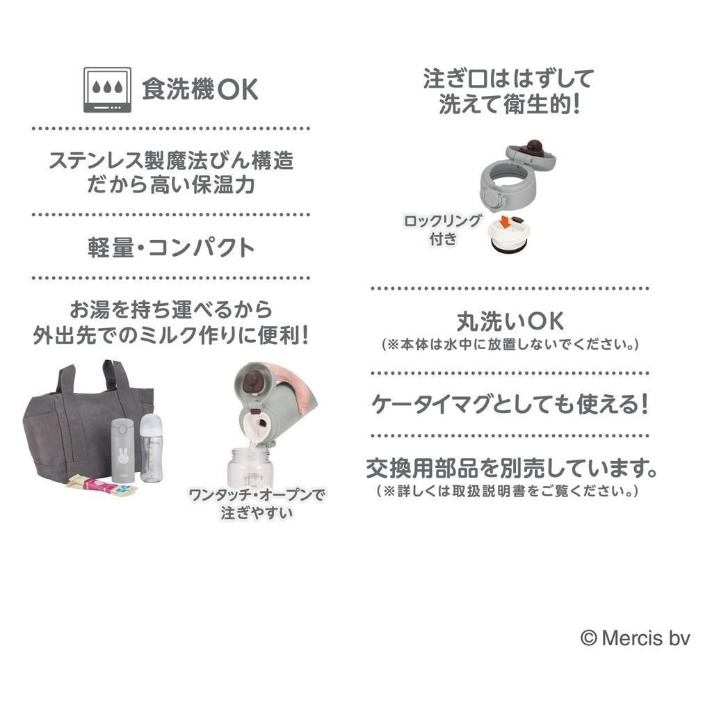 Thermos Stainless Steel Water Bottle for Formula Preparation, 350ml, Miffy Design, Gray, JPA-350B GY