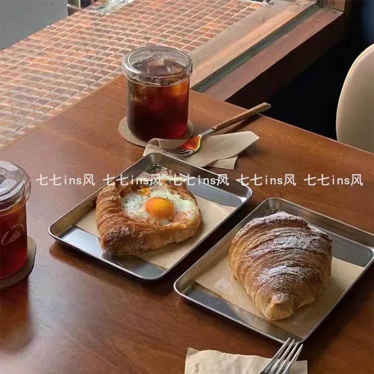 Nordic Stainless Steel Rectangular Coffee Shop Pallet Storage Disk Net Snack Cake Dish Dining Dessert Plate Kitchen Dish Tray