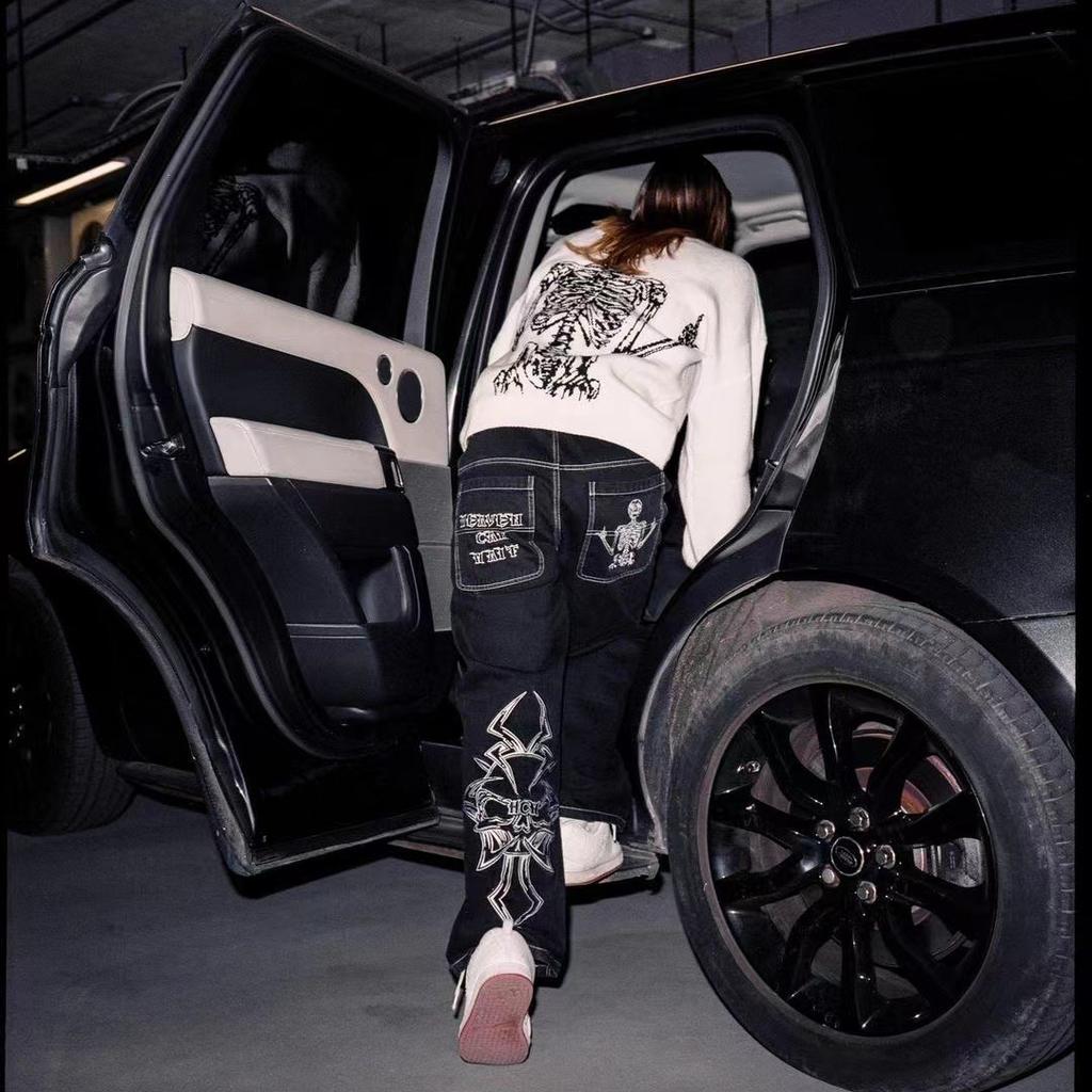 Y2K Jeans Mens Hip Hop Retro Skull Embroidery Washed Baggy Denim Pants New Straight Casual Loose Wide Leg Trouser Streetwear