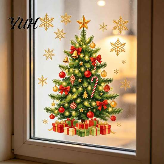 Holiday Decorative Gifts Christmas Window Clings, Cute Santa Claus Snowman Xmas Tree Stickers, Removable PVC Clings Winter Static Glass Decal