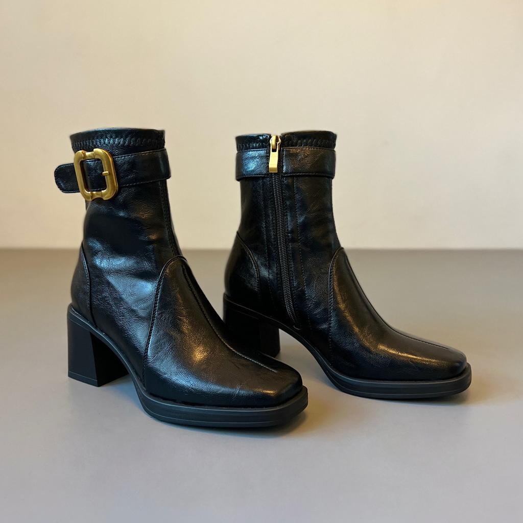 Soft-faced versatile square head high-heeled short boots women's retro thick heel thick-soled thin velvet Martin boots silent-soled thin boots