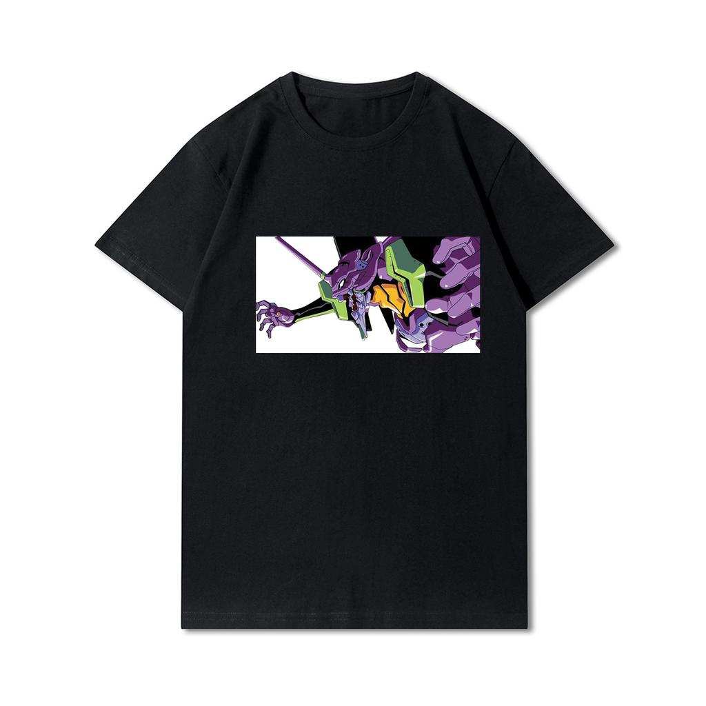 Plus Size Evangelion Printed Men T Shirts Round Neck Cotton Tops Summer Anime Casual Black Tees
