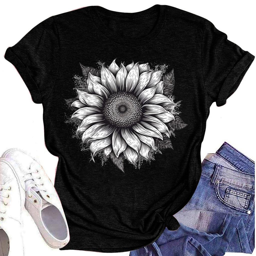 Женская повседневная футболка с круглым вырезом и цветочным принтом, короткий рукав