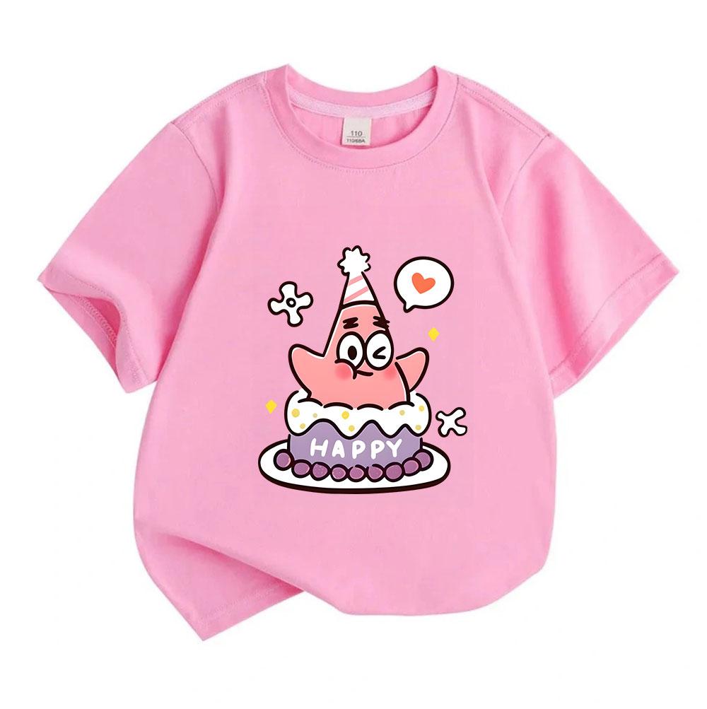 Kids Boys Girls 100% Cotton Crew Neck Short Sleeve T-Shirt, Cute Pink Star Character With Birthday Cake Party Pattern Casual Soft Tee For Daily Wear