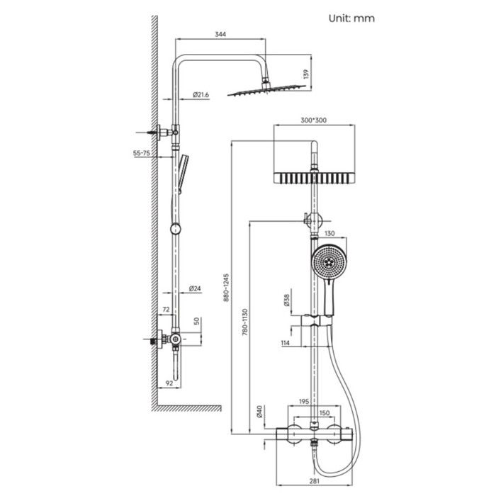 Colonne de douche - DERW MAX - Mitigeur thermostatique - Pommeau 12 pouces - 5 Fonctions - Noir