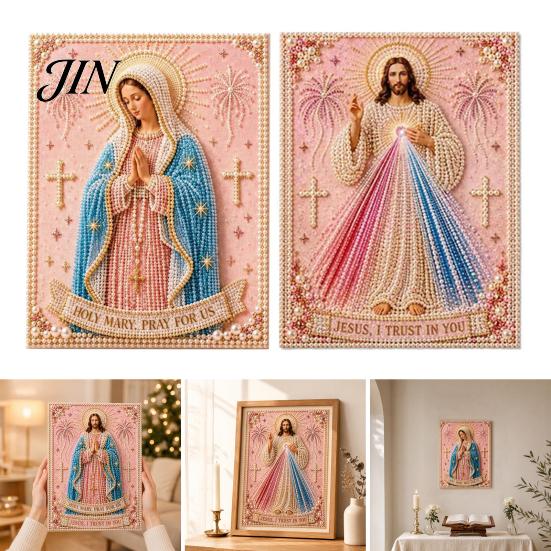 3D Pearl Texture Art Mary Painting Kit, Divine Mercy Jesus Holy Religious Beginner Kit Faux DIY Craft Set for Adults Beginners Christian Wall Decor