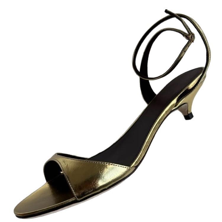 Версия из коровьей кожи~ Французский каблук-рюмочка, круглый носок, открытый носок, ремешок с одной пряжкой, женские сандалии 2025 лето, темпераментные сандалии-стилетто