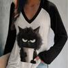 Teacup Cat Print Women Tshirts Ladies Tops Long Sleeve V-neck Pullover Femme T-shirts T Shirt For Women