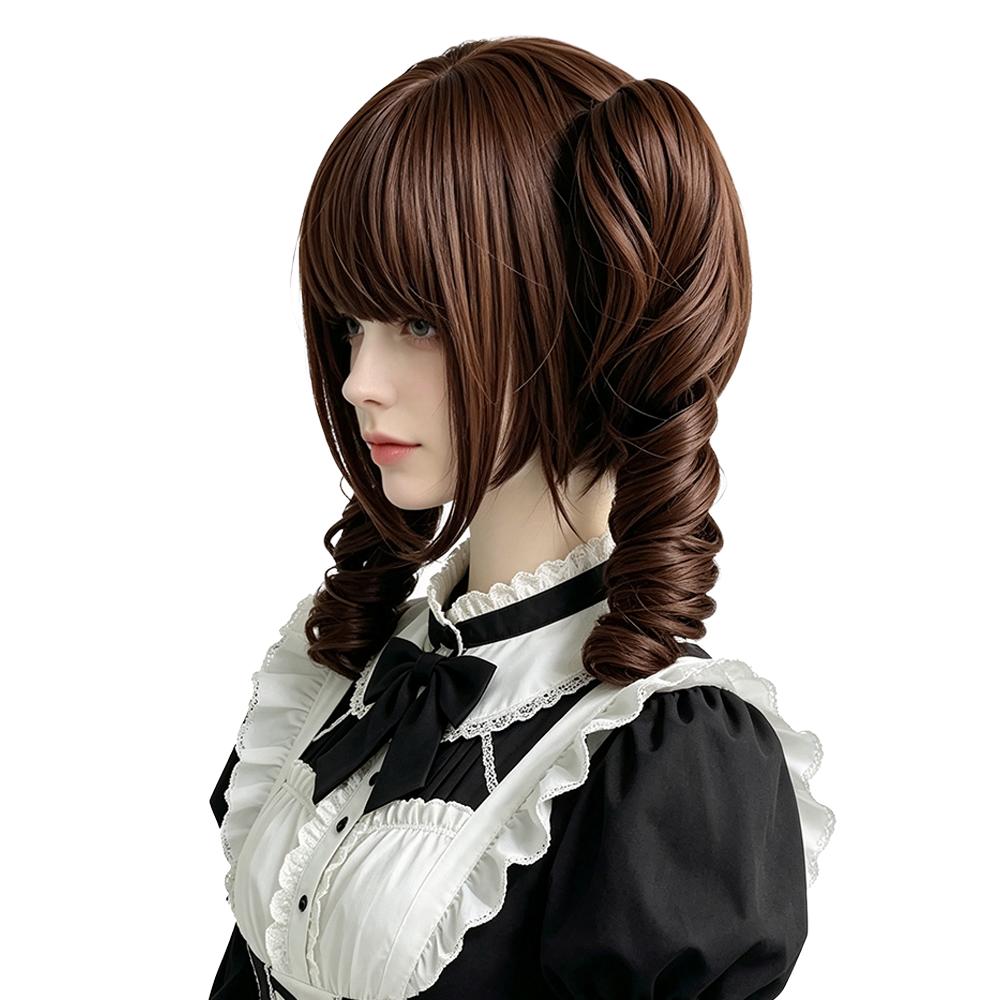Brown Lolita Cosplay Wig With Bangs Twin Tails Double Ponytails Roman Curly Wig Protein Fiber Synthetic Hair Women Party Daily