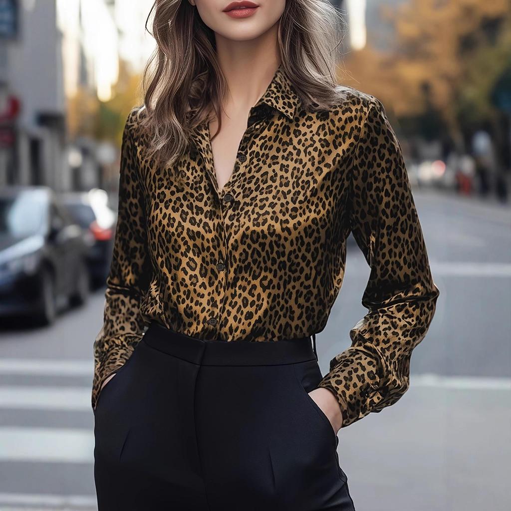 Женская весенняя 2026 года европейская и американская шелковая приталенная рубашка с длинным рукавом и леопардовым принтом