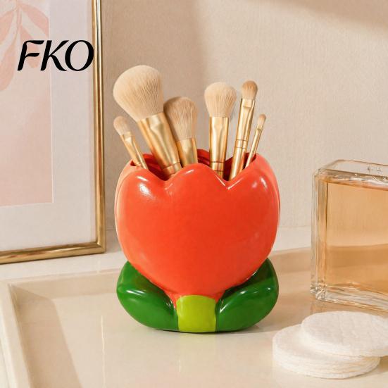 Girly Room Decor Accessories Tulip Makeup Brush Holder, Resin Cosmetic Organizer for Vanity Desk, Cute Flower Pen Sweet Style Cup Office
