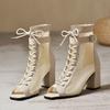 Square Heel Cool Boots Summer New Round Head Open Toe Splicing Mesh Fabric Back Zipper Non-slip High Heels