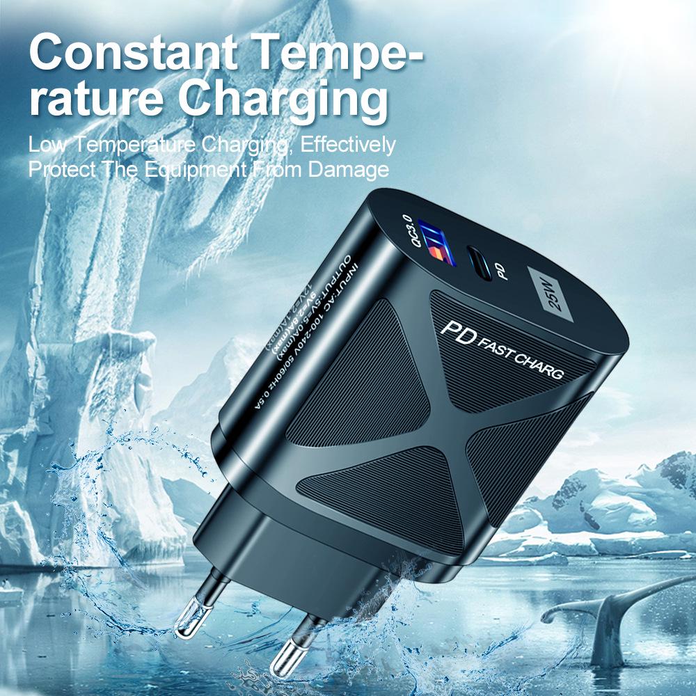 Светодиодная быстрая зарядка 25 Вт с двумя портами и поддержкой PD+QC3.0 для мобильных телефонов - стандарты США/ЕС/Великобритании