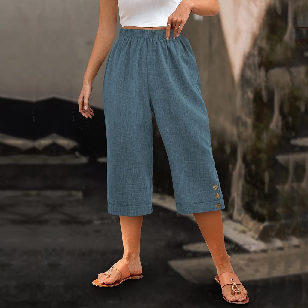 Новые женские укороченные брюки с простым подолом и элегантными деревянными пуговицами