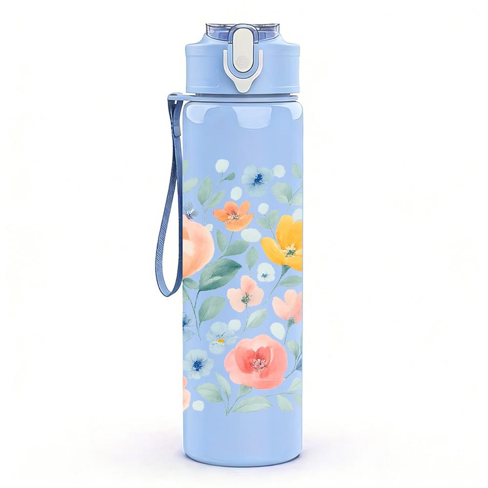 1PC Light Tone Pastel Floral Pattern Print 750ml Color Plastic Sports Water Bottle Leakproof Flip Straw Lid Suitable for Sports Office Home Use