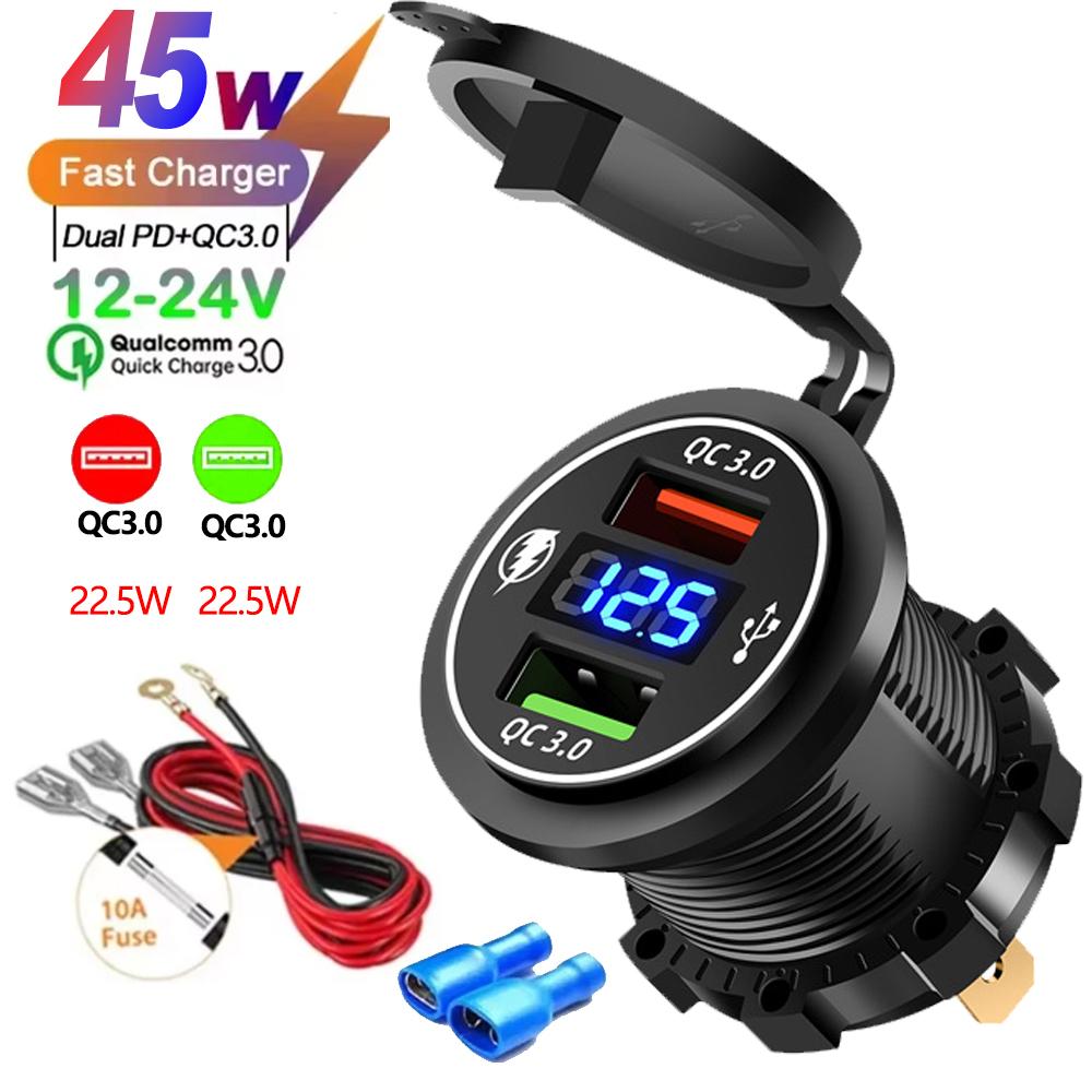 Автомобильное зарядное устройство USB с 2/3/4 портами PD QC 3.0 с вольтметром, адаптер розетки, водонепроницаемый для 12 В / 24 В автомобиля, квадроцикла, лодки, горячая распродажа