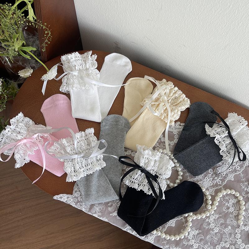 1 Pair Sweet Lace Bow Ribbon Kids Girl Sock Elegant Fashion Princess Ruffle Sock for Children Spring Summer Soft Cotton Sock