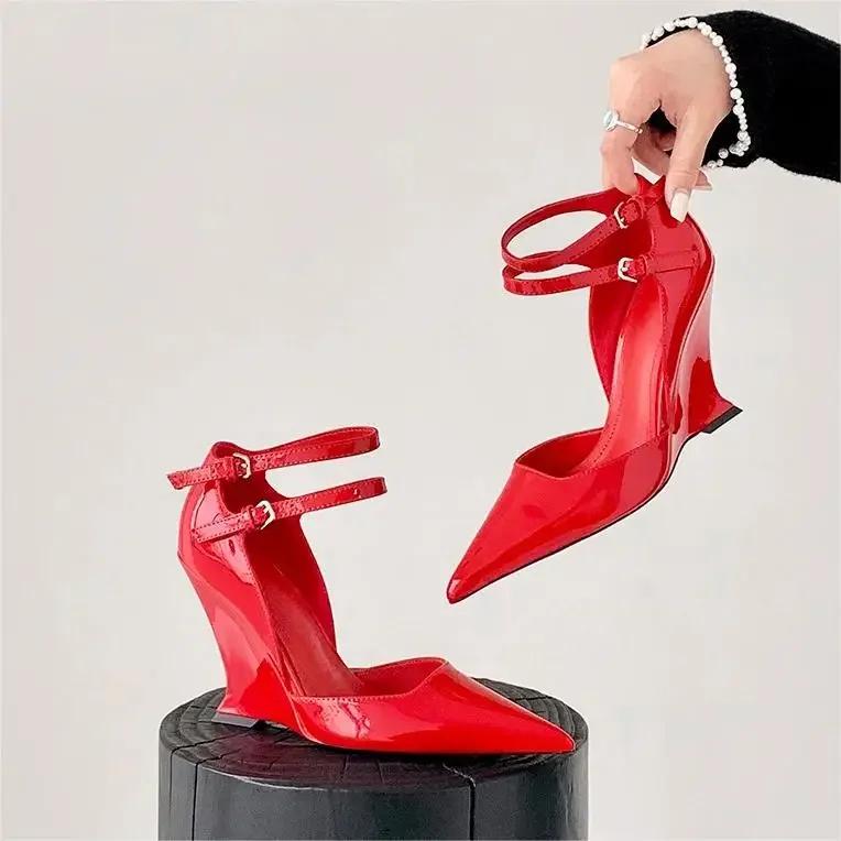 Red Cherry Wedge High Heels 2025 Pointed Toe Sexy Fashion Pumps Old Money Shoes For Women Ladies