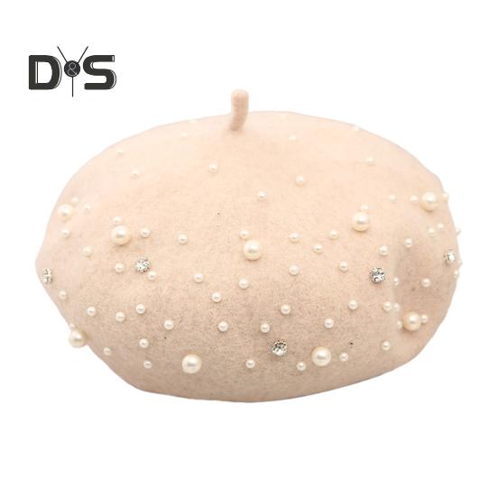 Женский берет с искусственным жемчугом и стразами, винтажная шерстяная шляпа в английском стиле без полей, однотонная, с регулируемыми лямками, кепка-тыква