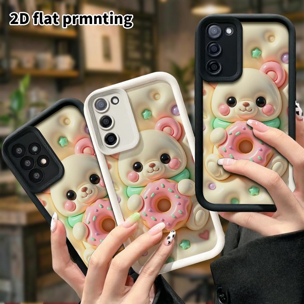 Phone Case: 2D flat design suitable for Samsung Galaxy A34 A35 M05 M06 S20 S22 S21 FE Plus 5G protective case, featuring a cute bear hugging a donut,