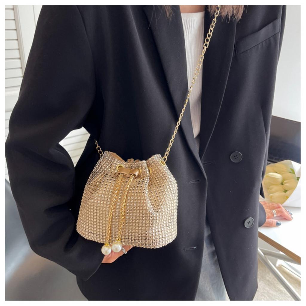 Bucket Bag Korean Version Western Style Chain Shoulder Crossbody, Armpit Water Drill Drawstring Bag