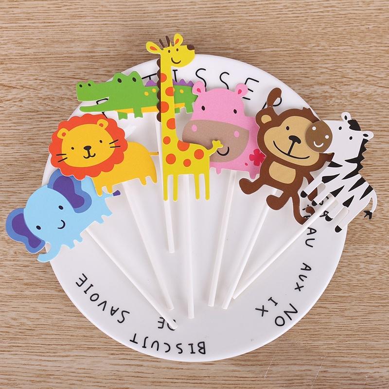 7pcs Jungle Safari Cupcake Picks Cake Toppers Cartoon Cupcake Inserts Card Kids Birthday Party AVE