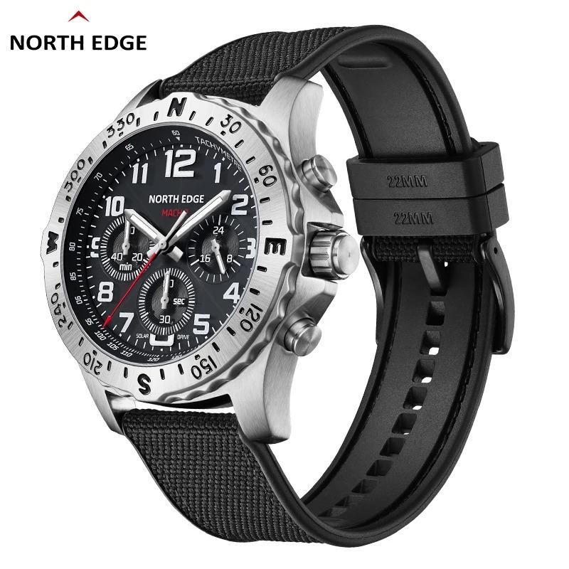 NORTH EDGE MACH 2 Мужские часы на солнечной энергии Корпус из нержавеющей стали 316 Кварцевые часы для мужчин Пилот Водонепроницаемый 50M Секундомер