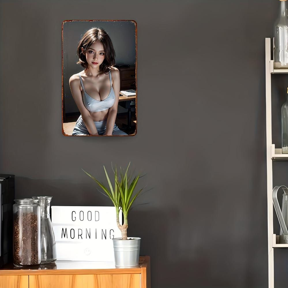 Винтажный металлический плакат для женщин - Элегантный портрет с каштановыми волосами и красными губами - Водонепроницаемый алюминиевый знак с клеем - Домашнее кафе Ba