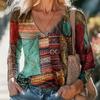 Ladies Spring Autumn Long Sleeve V Neck Loose Printed Pullover T Shirt Blouse Top