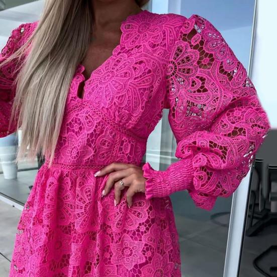 Женское осеннее платье, кружевное ажурное трапециевидное платье со свободным подолом, v-образным вырезом и длинным рукавом, однотонное женское платье миди длиной до колена