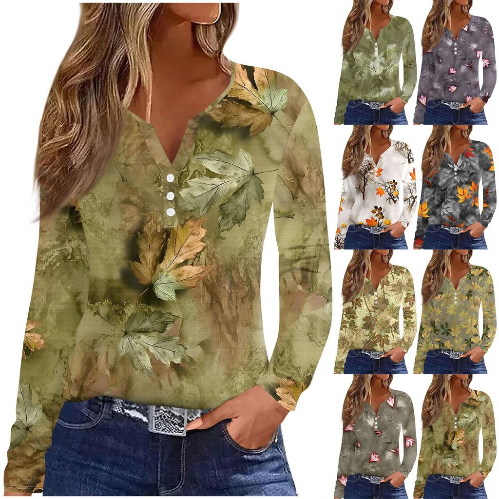 Женская модная повседневная футболка с V-образным вырезом и принтом листьев, с длинными рукавами и декоративными пуговицами