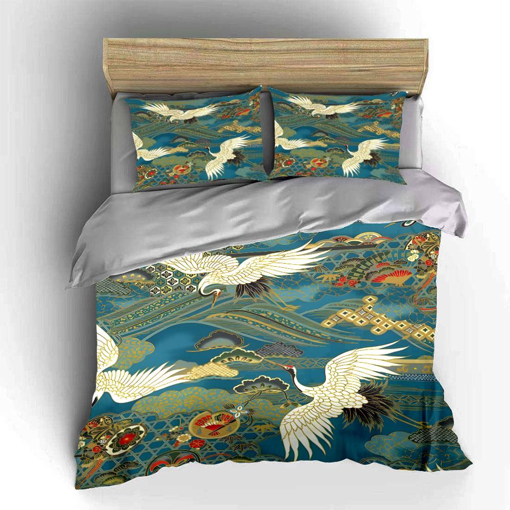 Japanese Crane Pattern Decor Set Bedding Set with 1 Duvet Cover 2 Pillowcases Single Double King Queen, Gift
