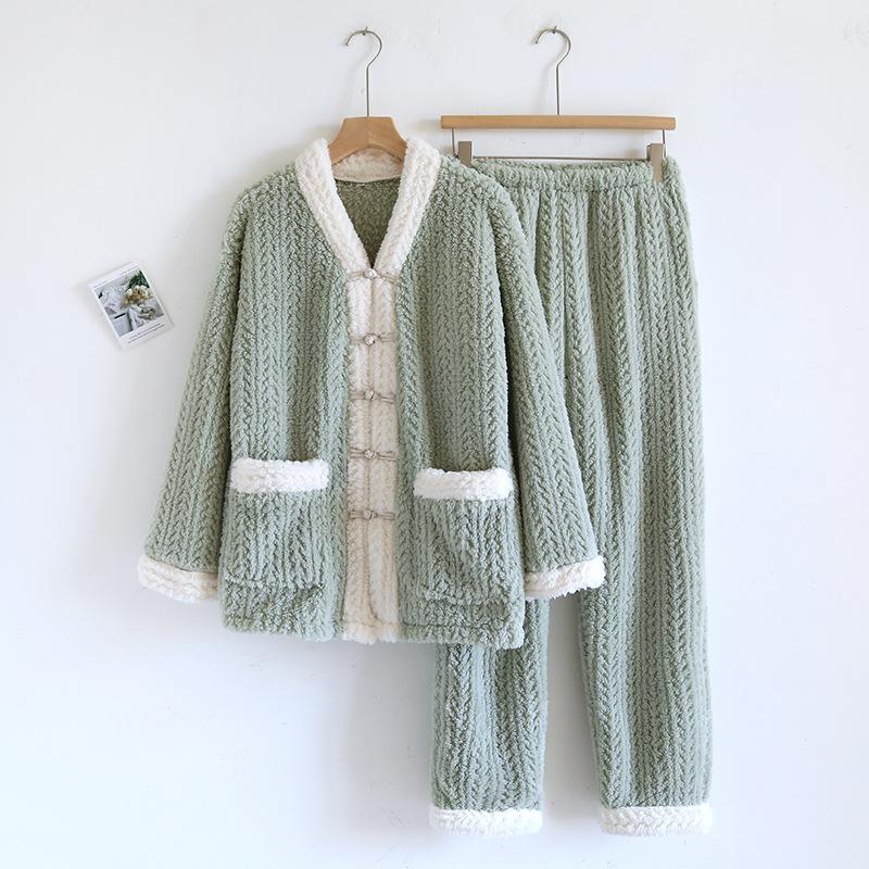 New Autumn Winter Women's 2PCS Pajamas Suit Flannel V-Neck Thickened Warm Long Sleeved Cardigan Sleepwear Loose Homewear