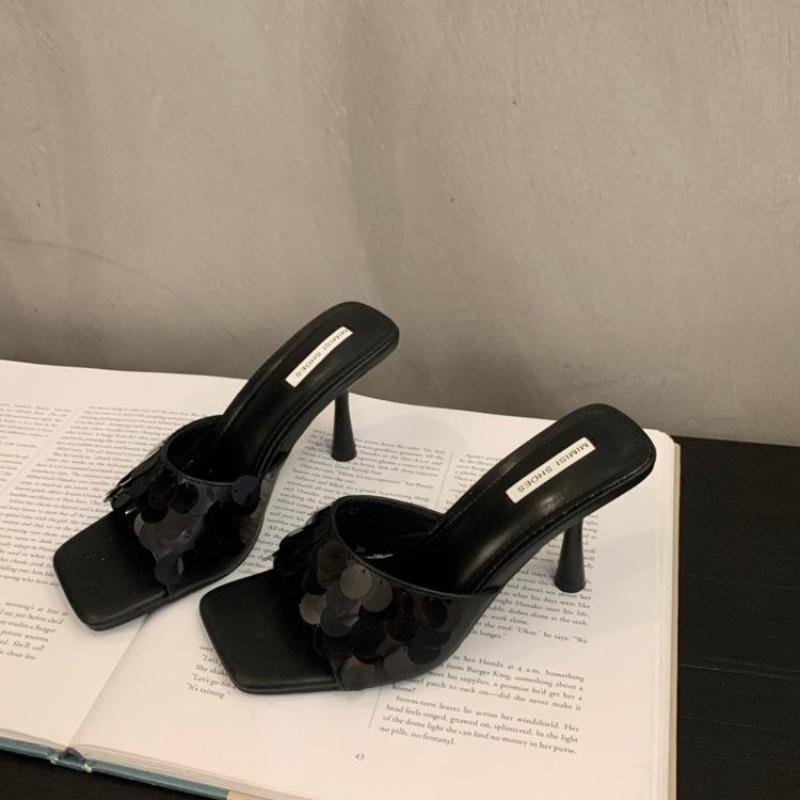 Лето 2025 Горячие Продажи Женские Туфли на Высоком Каблуке и Шлепанцы Модные и Элегантные Квадратный Носок Уличные Универсальные Серебристые Женские Туфли