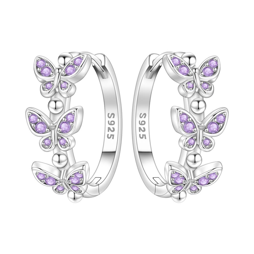 Original NEW S925 Silver Pink Purple Flowers Plants leaf Series Earring Hoop Earrings Women Jewelry Party Gifts