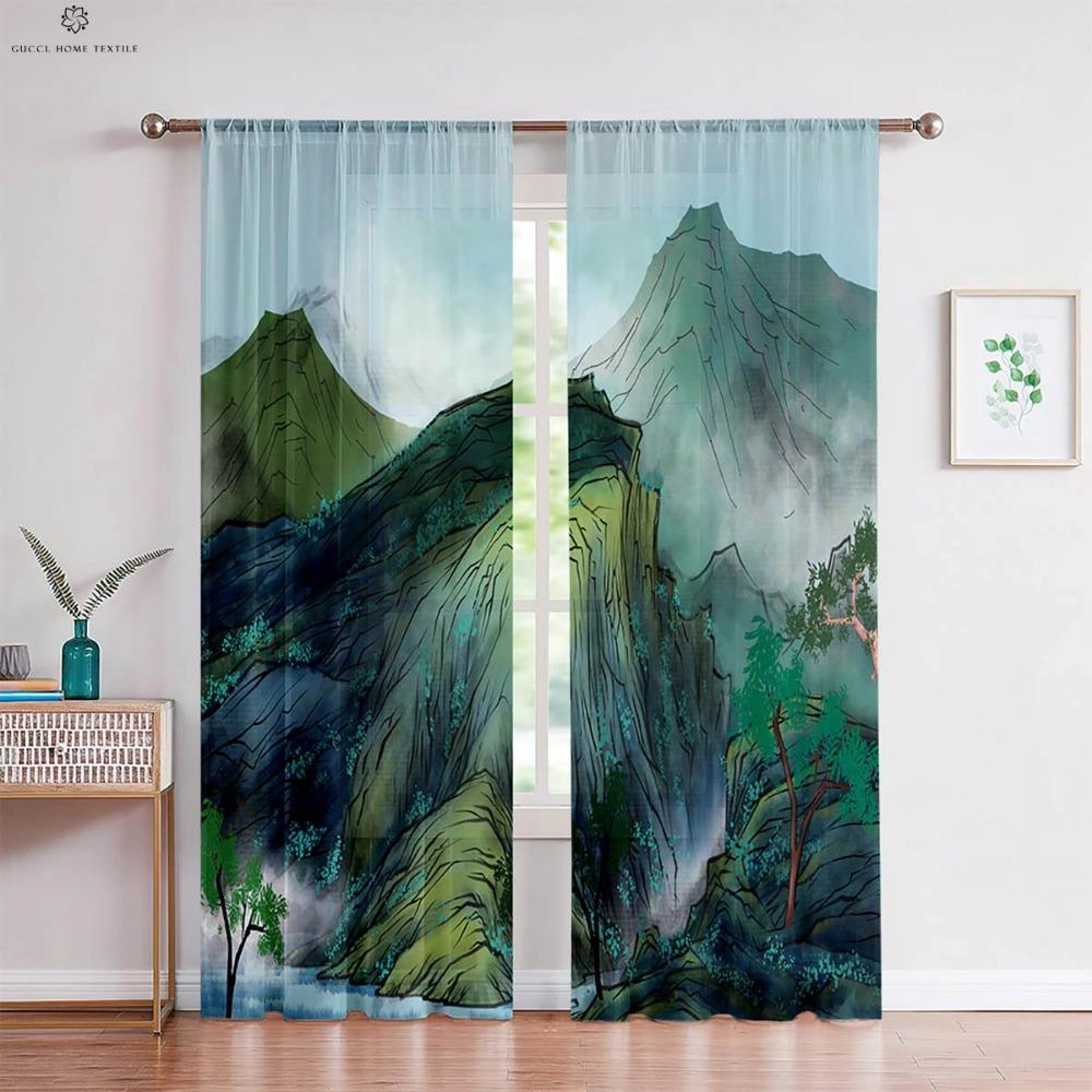 Чернильный пейзаж персиковый цвет национальный стиль принт занавеска спальня гостиная кабинет дзен декоративная занавеска домашний текстиль 2 шт