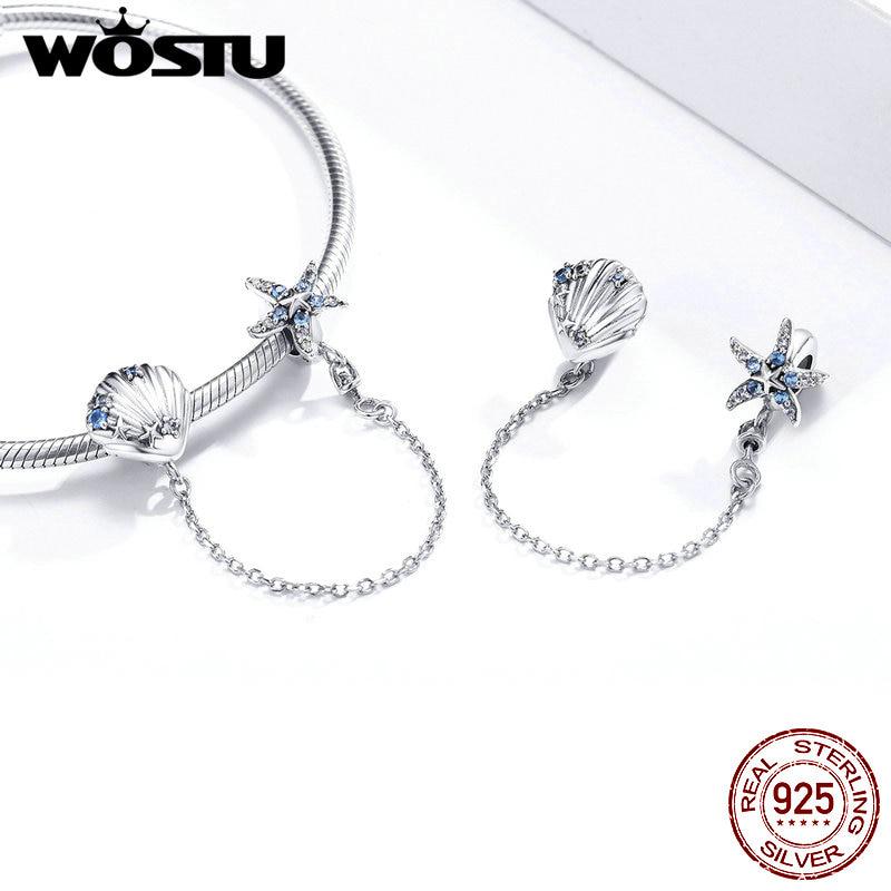 WOSTU Starfish Stopper Charms 925 Sterling Silver Tropical Starfish & Shell Safety Chain Charms